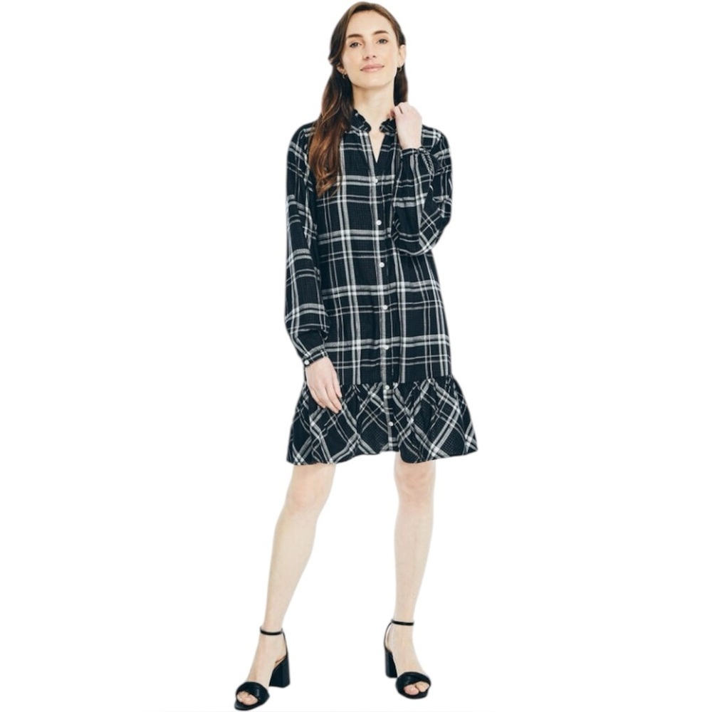 NAUTICA Black white metallic plaid print Ruffled collar Button down Shift dress